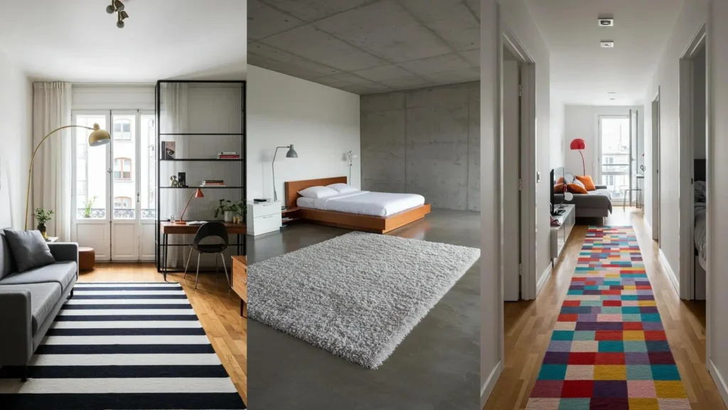 Defining small apartment spaces with rugs, lighting, and a vertical bookshelf, shown in three creative interior scenes.