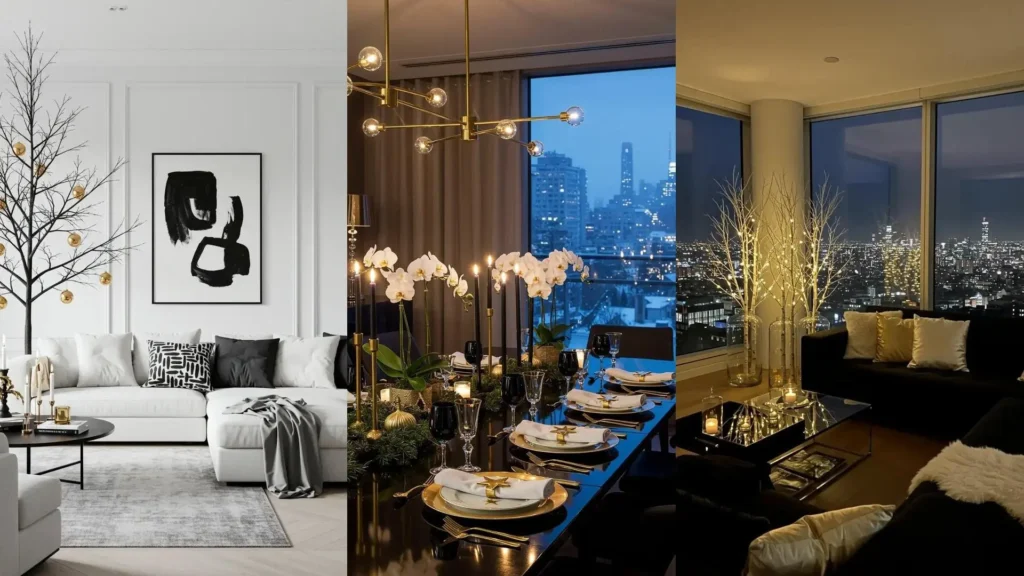 Elegant black, white, and gold Christmas decor for sophisticated holiday parties, showing a stylish living room and dining area.