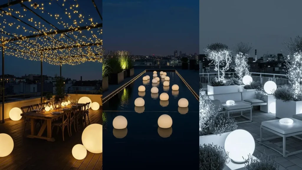 Enchanting rooftop night garden ideas with glowing orbs, twinkling lights, and illuminated plants creating a magical urban escape.