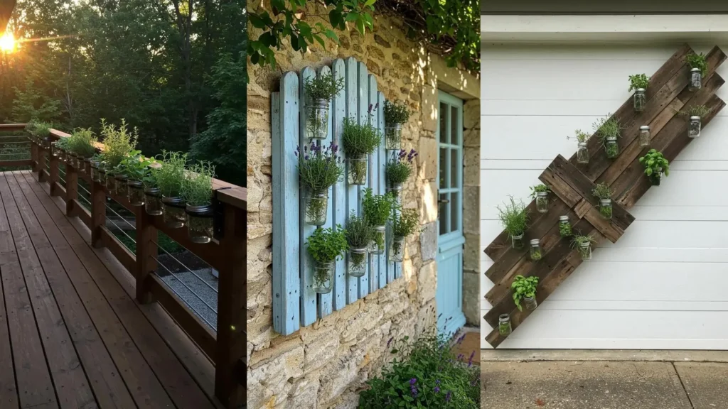 A collage of floating mason jar herb gardens. Features DIYs with repurposed fence boards on walls and deck railings.