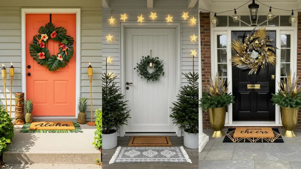Front doors decorated for various holidays, showcasing vibrant wreaths, layered doormats, and festive party accents.