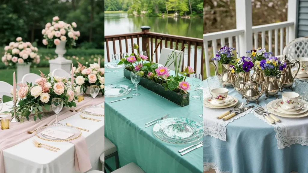 Three garden party tables displaying blooming centerpieces and various pastel linens for outdoor decor.