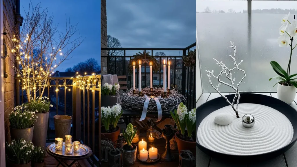 Icy balcony styled with glowing lights, metallic accents, white flowers, frozen branches, candles, and a serene zen garden.