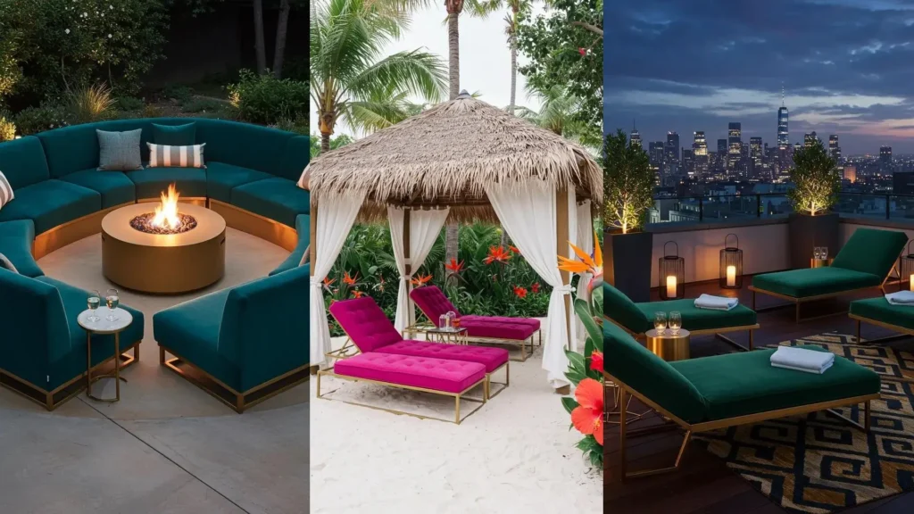 Luxe outdoor velvet-look chaises with gold frames in various settings, including a rooftop and beach.