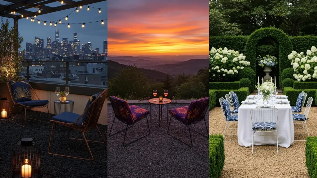 Two stylish mid-century wireframe chairs with sunburst cushions on a gravel patio under string lights.
