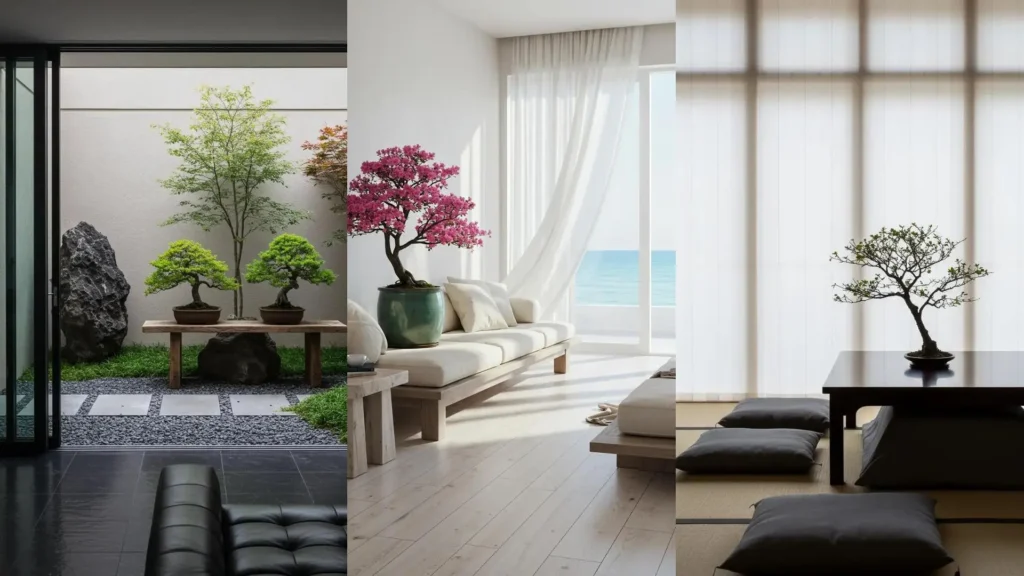 Minimalist zen living rooms with low-profile furniture and beautiful indoor bonsai trees, creating tranquil lounge spaces.