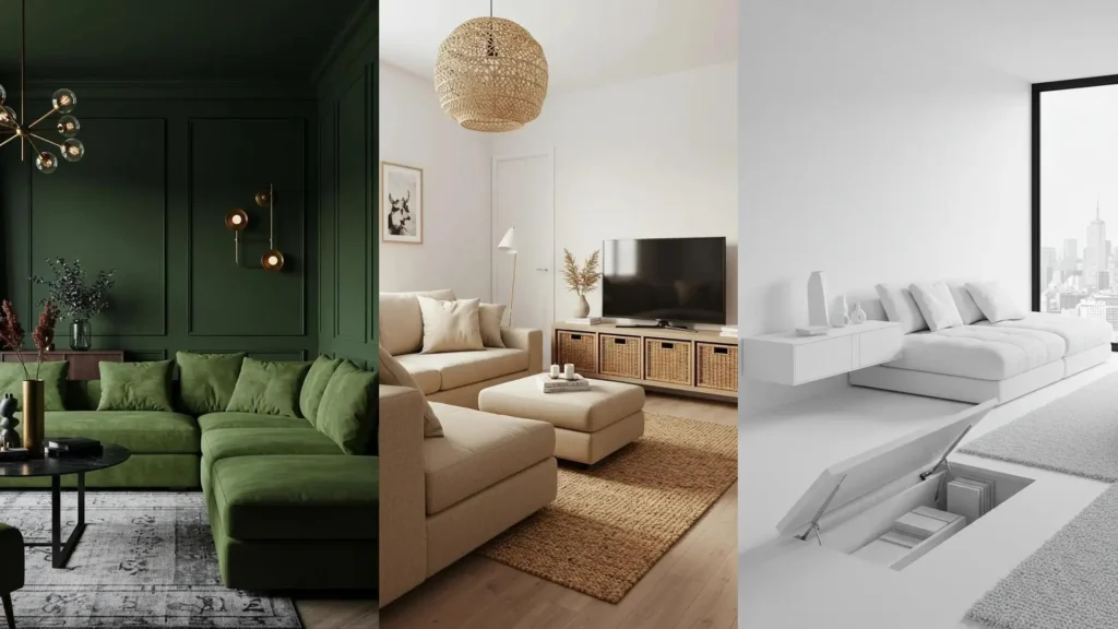 Three modern micro living rooms with modular sofas, showing green, beige, and white monochrome styling, plus hidden storage.
