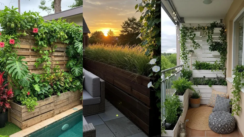Outdoor DIY privacy screens with built-in planter boxes and lush climbing vines, including pallet wood designs.
