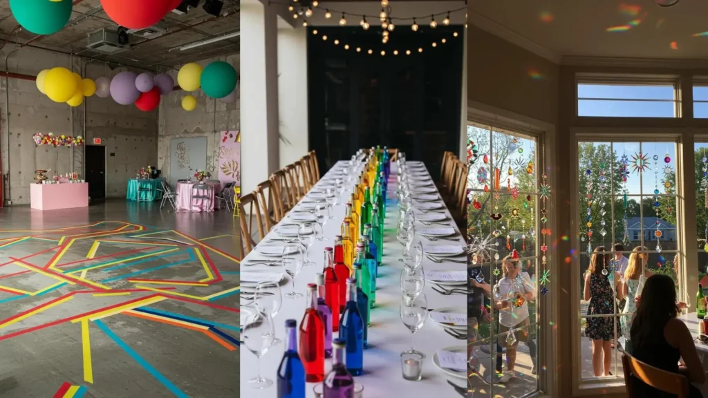 Bold rainbow party decor featuring colorful balloons, a long table with rainbow bottles, and suncatcher window decor.
