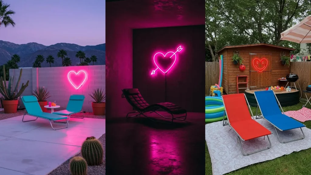 Collection of retro vinyl patio loungers and chairs with various neon heart signs for stylish outdoor decoration.