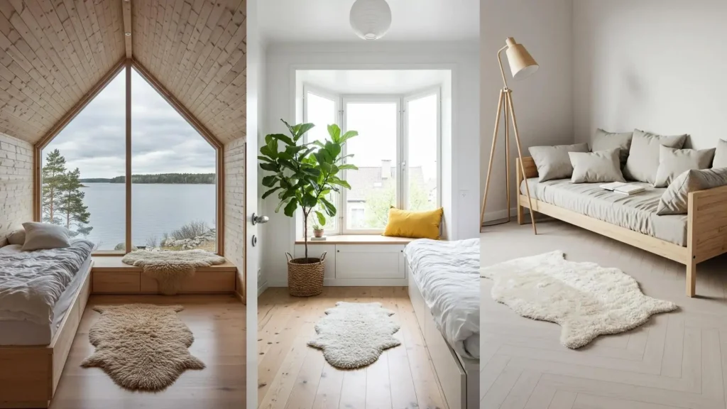 Three cozy Scandinavian bedroom nooks with light wood, faux sheepskin rugs, and large windows.