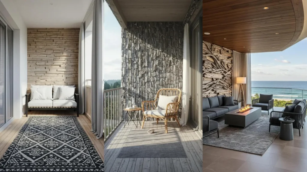 Serene gray balconies with driftwood accent walls, gray woven rugs, and airy linen drapes, some with ocean views.