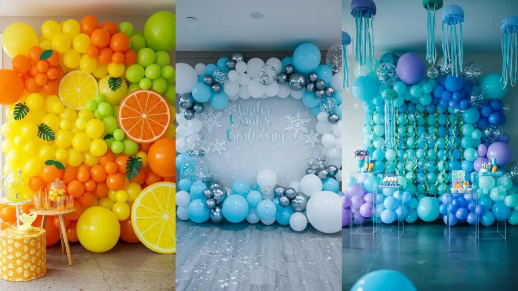 Whimsical DIY balloon wall backdrops perfect for any birthday bash, with fruit, winter, and sea designs.