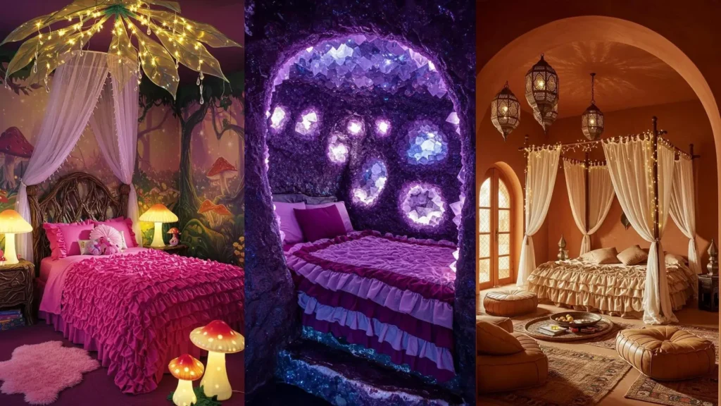 Whimsical fairytale bedrooms with ruffled bedding, canopies, and twinkling fairy lights creating enchanting vignettes.
