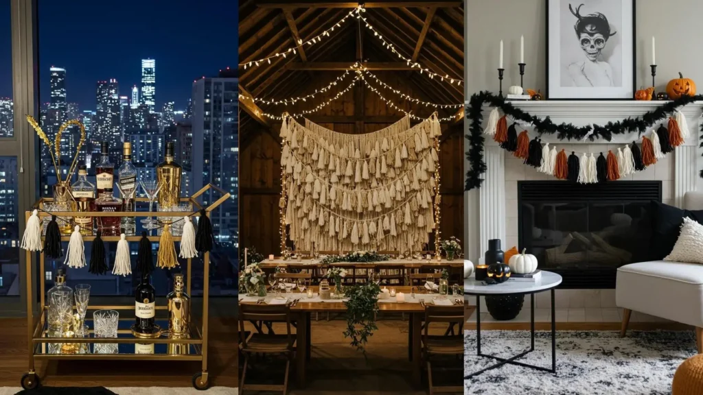 DIY yarn tassel garlands & soft-textured party accents decorating a bar cart, wedding backdrop, and fireplace.