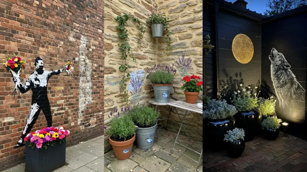 Three artistic urban garden corners featuring painted walls, unique planter murals, and mixed textures with potted plants.