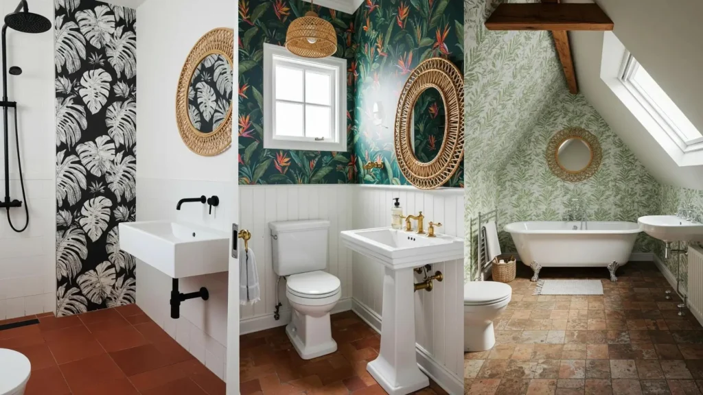 Inspiring boho tropical bathrooms with lush botanical wallpaper, rattan mirrors, and rich terra cotta tiles.