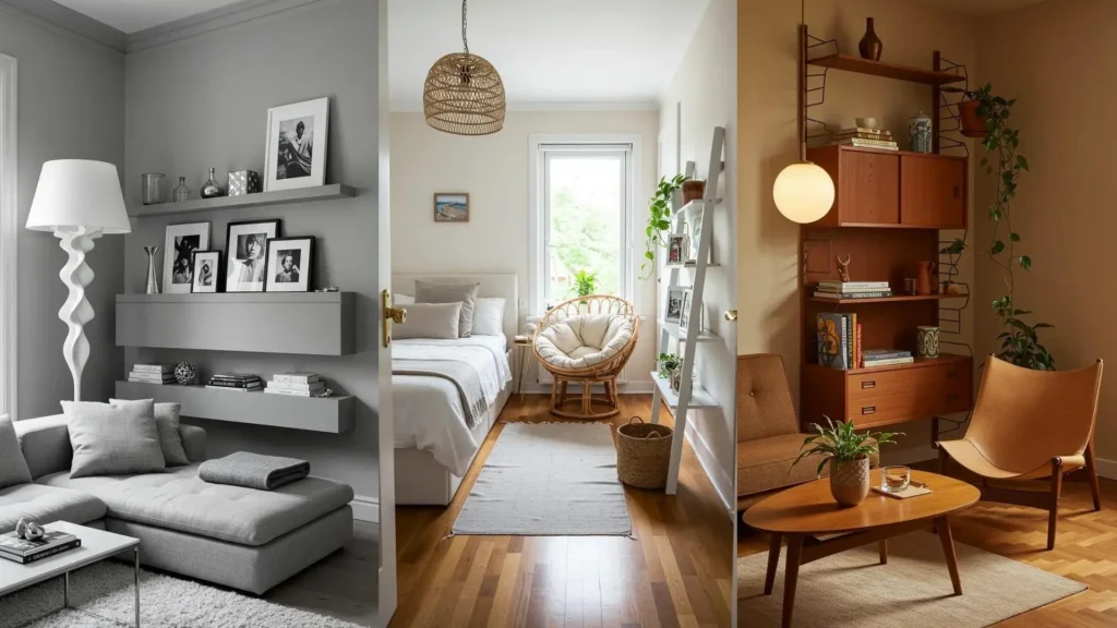 Three chic small apartment scenes with cozy corners, stylish statement lighting, and smart open shelving solutions.