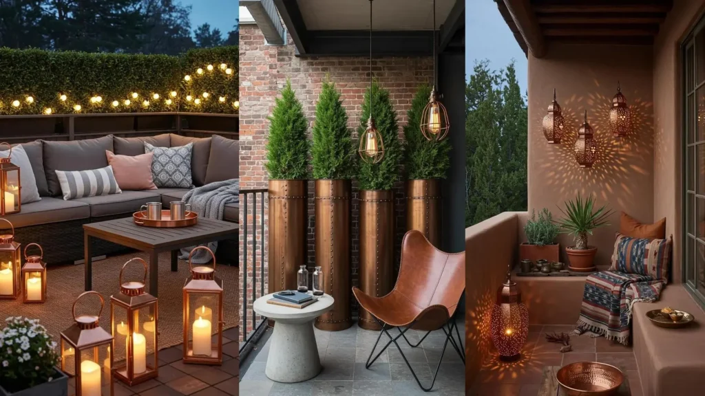 Cozy balconies with evergreen backdrops, featuring inviting seating, copper lanterns, and warm string lights.
