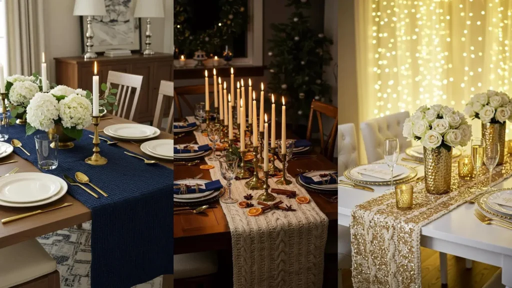Cozy winter dinner tables styled with knit runners, warm candlelight, and festive lighting.