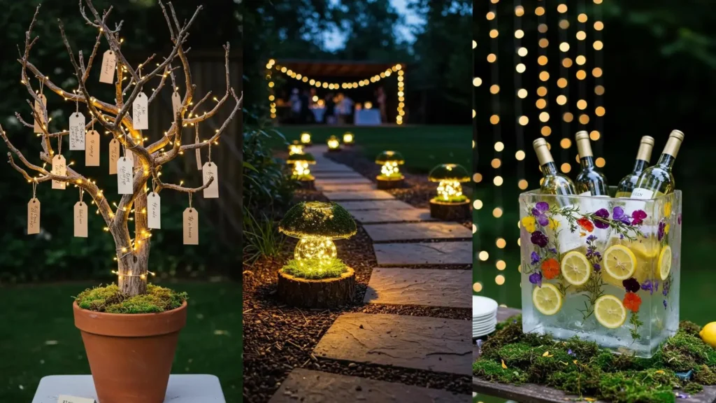 Enchanted garden party decorations with DIY moss mushroom lights, whimsical fairy lights, and a floral ice bucket.
