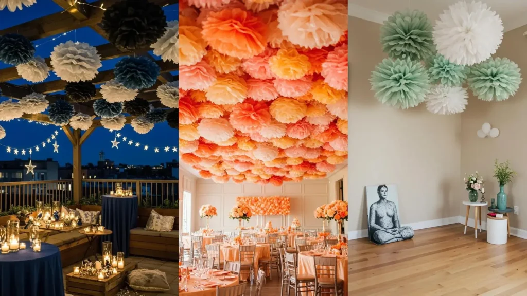 Lush, layered DIY tissue paper pom-pom party decorations adorning ceilings and outdoor spaces for vibrant vibes.