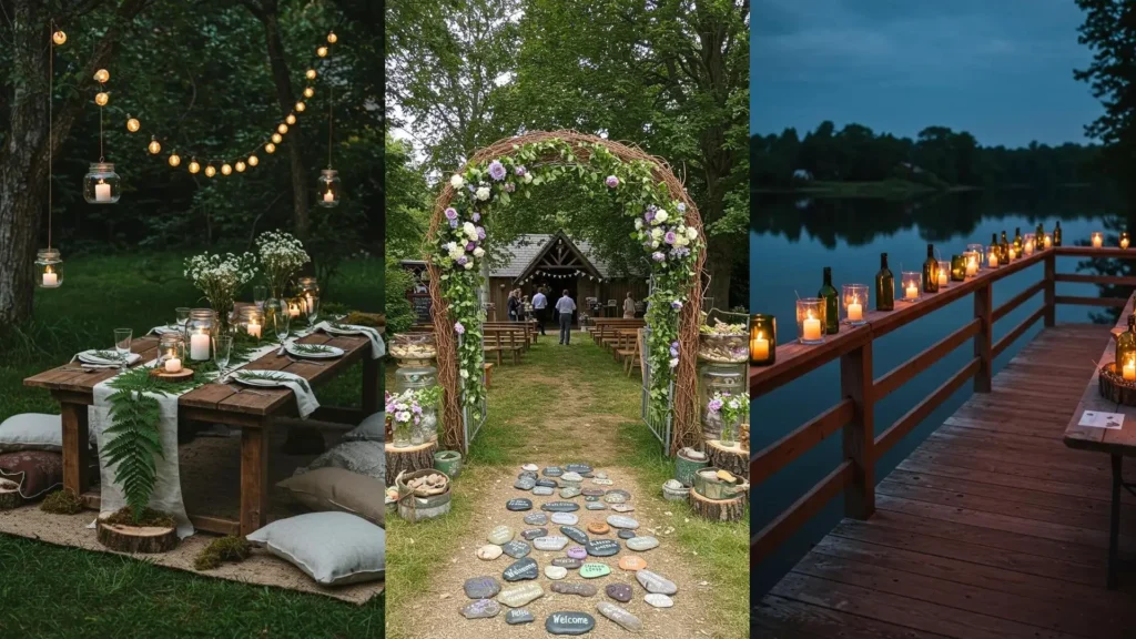 DIY eco-friendly outdoor party setup with a wooden table, ferns, and glowing mason jar lights in a natural forest.