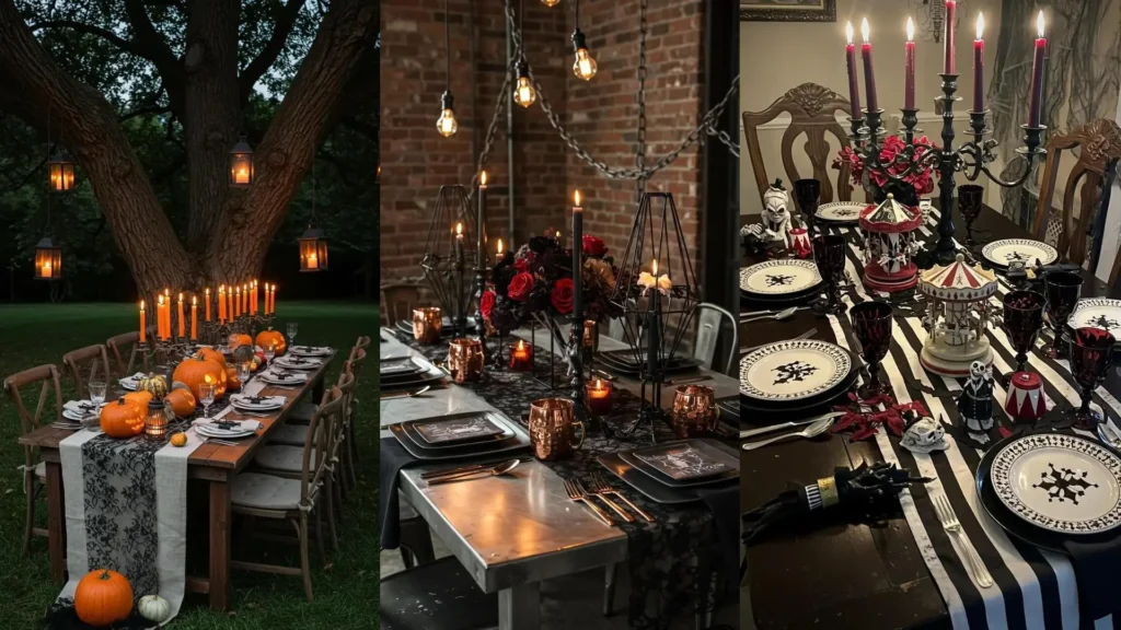 Spooky Halloween tablescapes featuring gothic candelabras, black lace, and moody decor for a festive gathering.