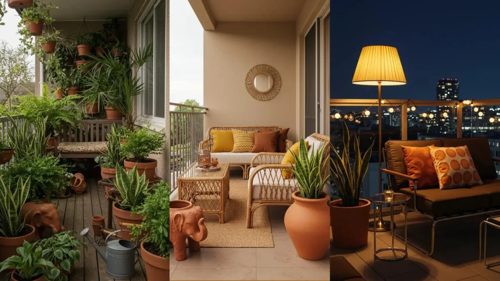 A retro 70s balcony featuring terracotta elephant planters, rattan furniture, and colorful patterned pillows for cozy vibes.