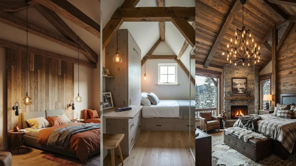 Multiple rustic barn-chic bedrooms with reclaimed wood beams, wood paneling, and Edison pendant lights.