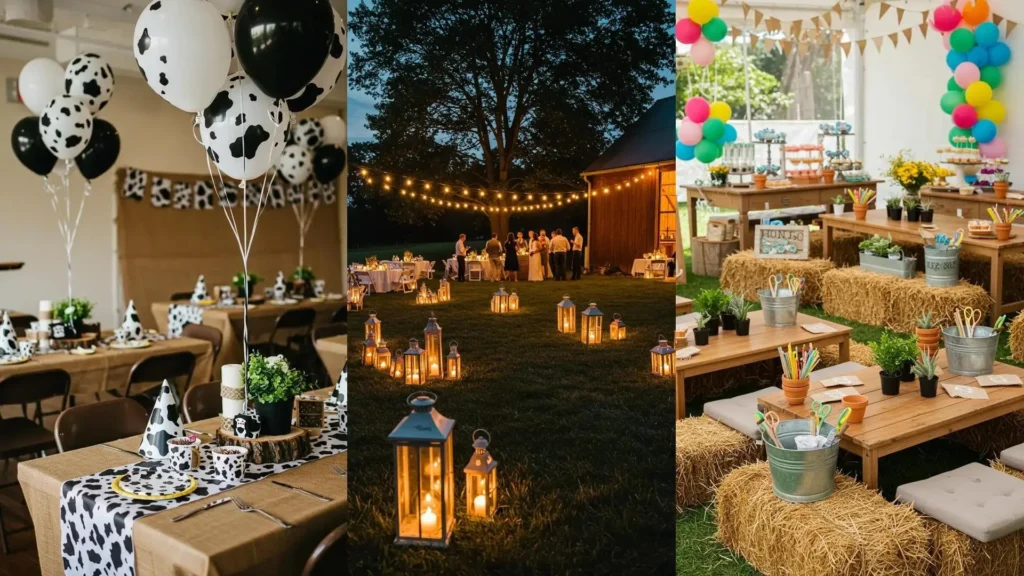 Rustic barnyard birthday party featuring hay bale seating, burlap decor, and cow print accents.