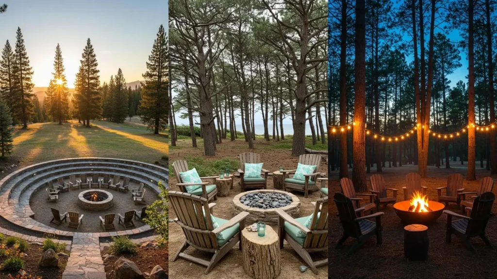 Rustic chic barrel stave chairs encircle a cozy fire pit in a serene pine clearing, perfect for outdoor gatherings.