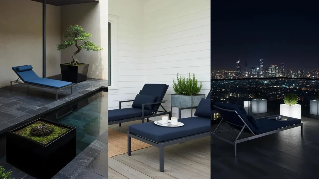 Sleek aluminum chaise lounges with blue cushions in modern outdoor settings, accented by geometric planters.