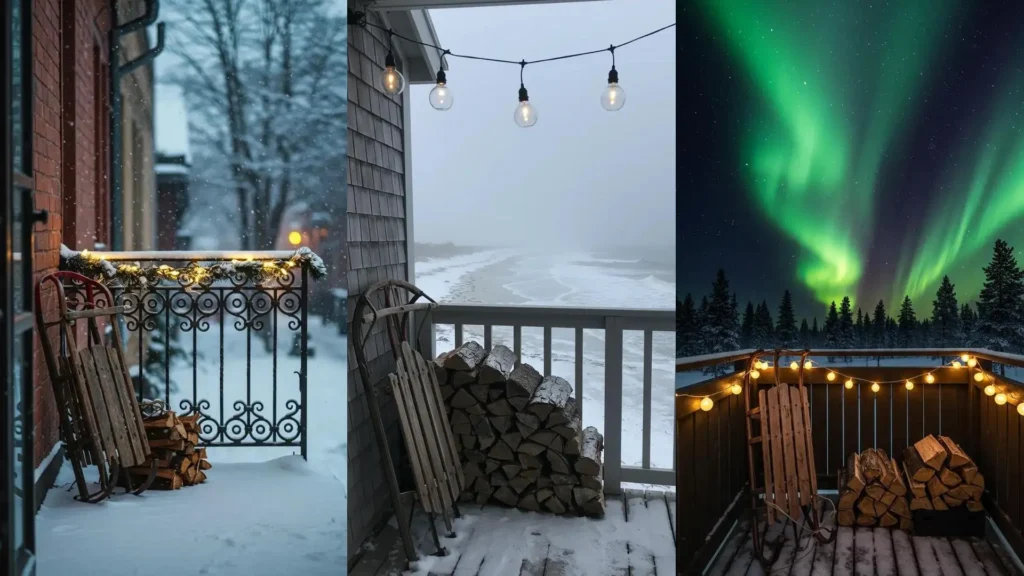 Multiple snow-draped balcony scenes featuring vintage sleds, firewood stacks, and cozy string lights.