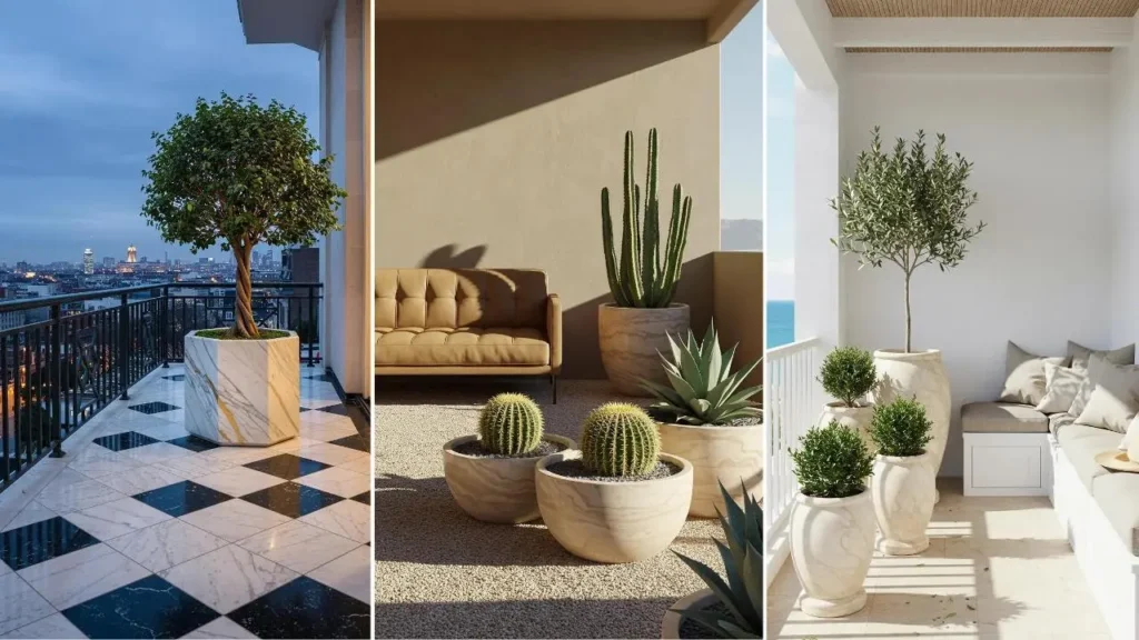Chic balcony gardens with sculpted green plants, marble pots, and neutral decor for sophisticated urban vibes.