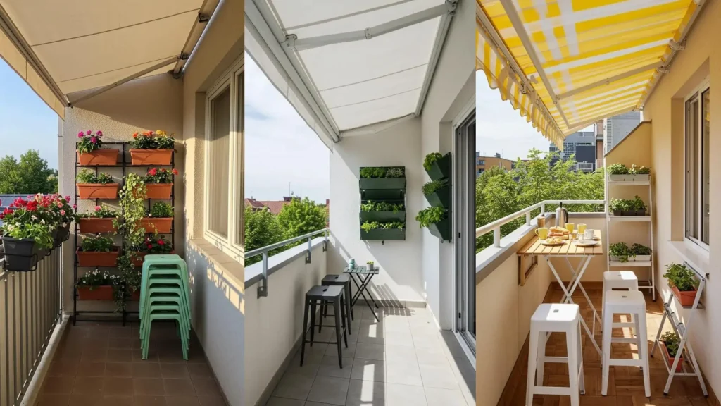 Space-savvy balconies with retractable awnings, folding planter racks, and stackable stools for small outdoor living.