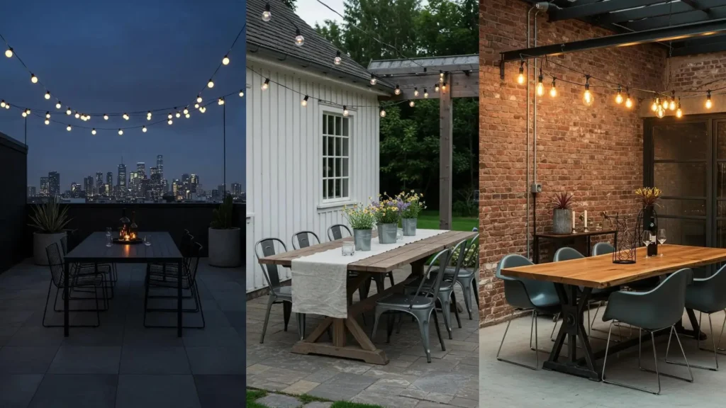 Trendy outdoor dining patios with twinkling globe lights for stylish decoration.