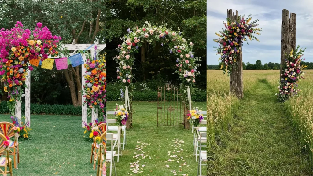 Stunning vintage garden wedding arches adorned with colorful wildflowers, from rustic wood to elegant designs.