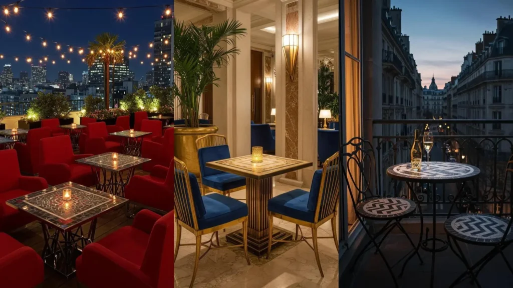 Stylish Art Deco metal bistro chairs with bold geometric mosaic tabletops in an elegant outdoor and indoor setting.