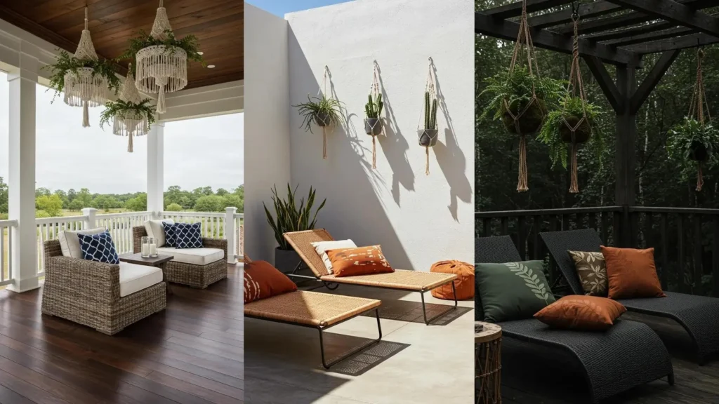 Boho-chic outdoor areas with rattan loungers, patterned pillows, and macrame hanging planters for garden decoration.