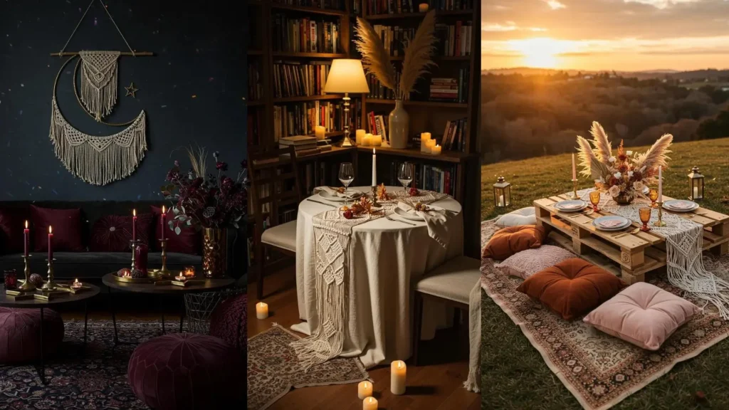 Romantic boho Valentine's decor with macrame accents, dried florals, and warm tones for inviting spaces.