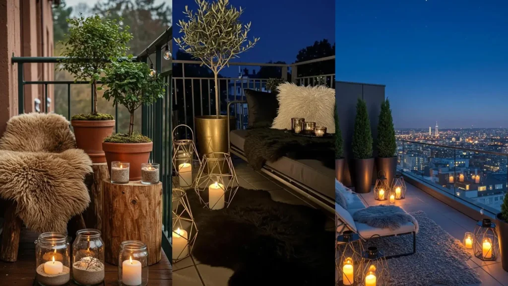 Chic balcony displays with cozy sheepskin rugs, glowing candle lanterns, and miniature potted trees.