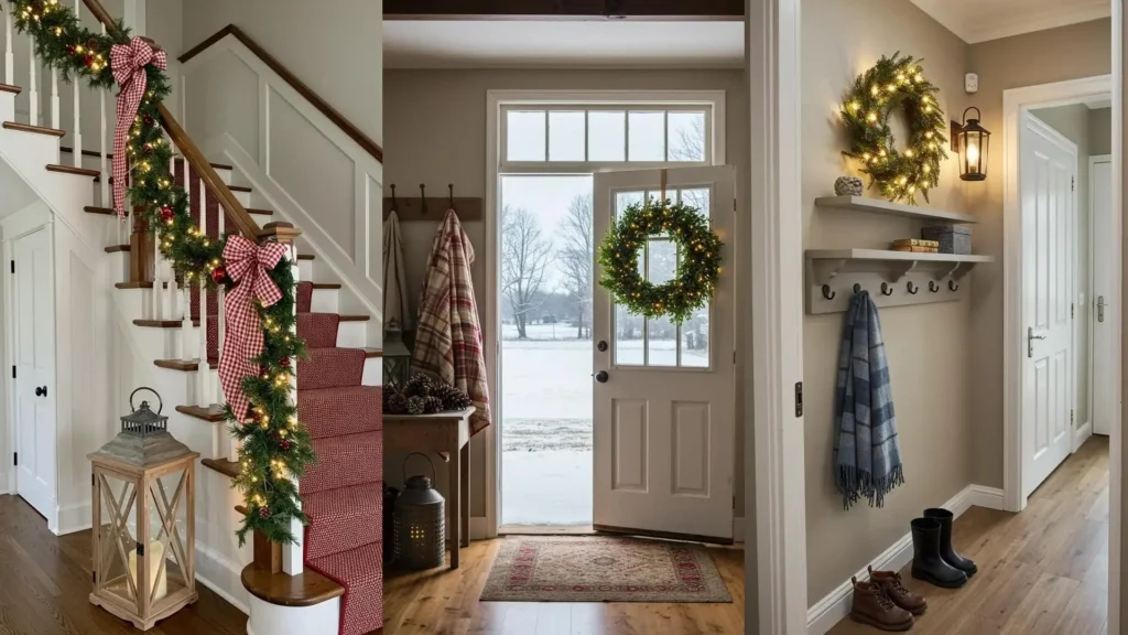 Cozy Christmas entryways featuring lit wreaths, plaid blankets, and rustic lanterns.