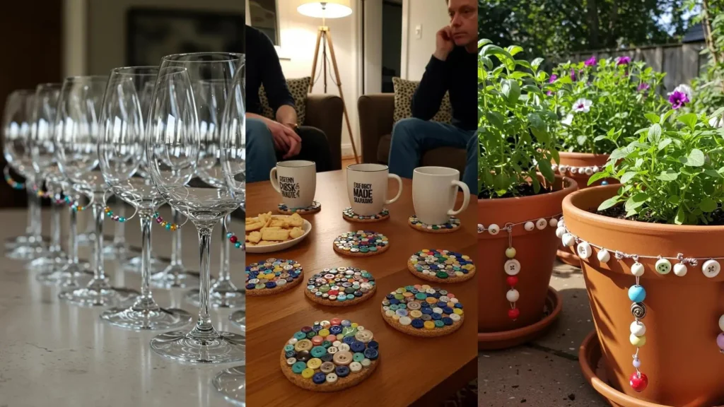 Creative DIY party decor including bead wine glass charms, button coasters, and beaded flower pots.