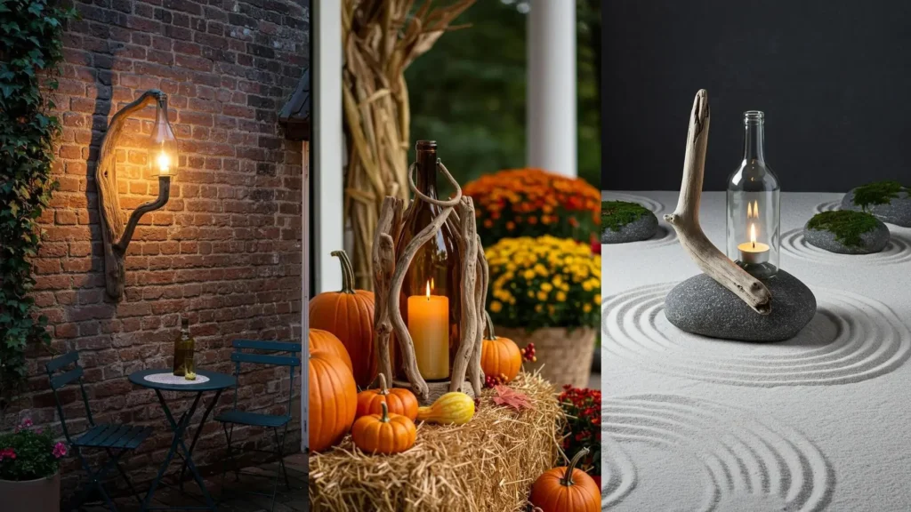 Creative outdoor DIY: driftwood candle lanterns with recycled wine bottle shades in various settings.