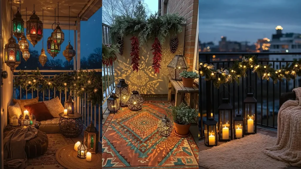 Three enchanting balcony corners styled with cozy rugs, various lanterns, and festive holiday greens.