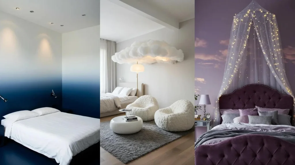 Dreamy cloud-themed bedrooms with cloud lights, ethereal canopies & soft glow lighting.
