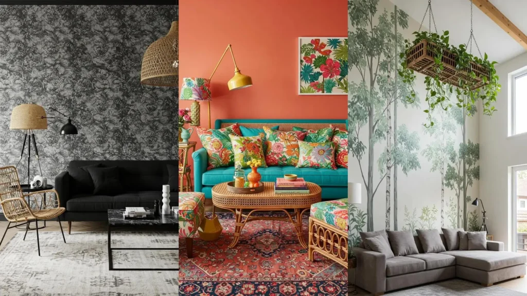 Spring-inspired living rooms with botanical prints and rattan accents.