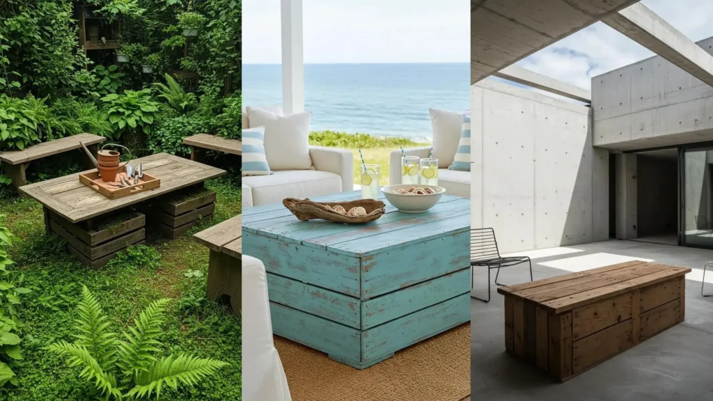 DIY industrial crate patio coffee table with a reclaimed barn door top in a lush garden setting.