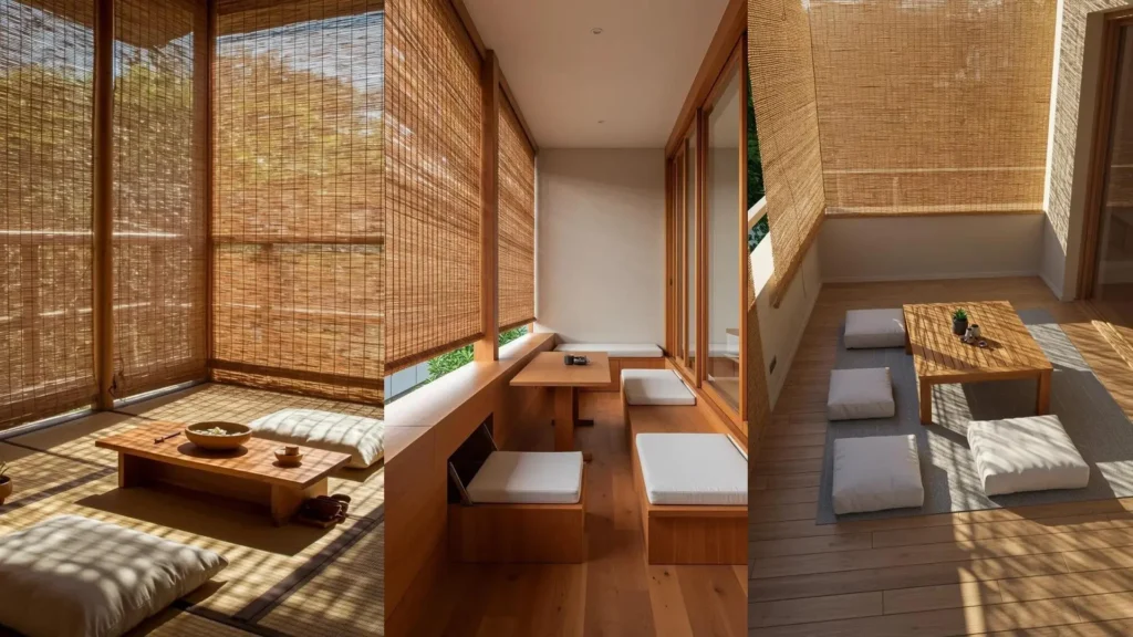 Serene Japandi balcony with low teak table, white linen floor cushions, and bamboo shades, creating a minimalist outdoor space.